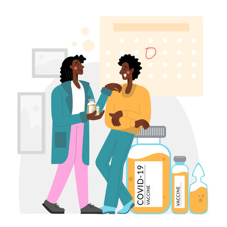 Prevention injection, immunization. Coronavirus infection treatment. The black doctor talks about the importance of vaccination. Vaccination.のイラスト素材