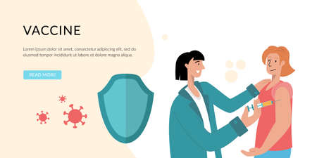 Vaccine against   virus. Prevention injection, immunization. Coronavirus infection treatment. A black doctor holds a large syringe and a virus vaccine in his hands. Vaccination.のイラスト素材