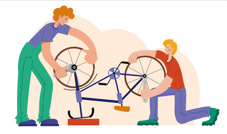 People are repairing a bicycle. Bicycle repair. The mechanic repairs the bicycle, the mechanic inflates the wheels. Web graphics, banners, advertisements, business templates.のイラスト素材