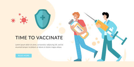 Medical Staff take care about People Immunity. Doctor Create Vaccination Schedule. Prevention injection, immunization. Coronavirus infection treatment. Vaccination.のイラスト素材