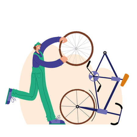 Bicycle repair. A man repairs a bicycle. The mechanic repairs the bicycle, the mechanic inflates the wheels. Web graphics, banners, advertisements, business templates.のイラスト素材