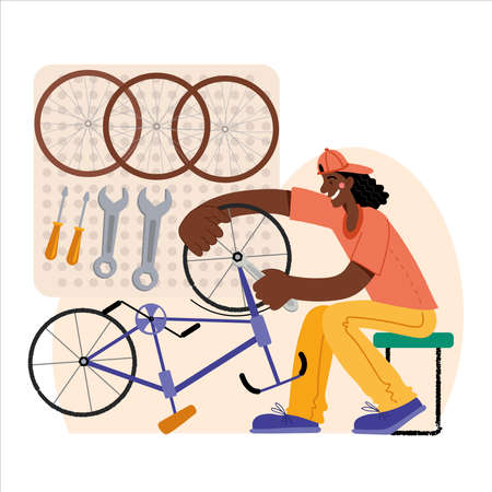 Bicycle repair. A black man repairs a bicycle. The mechanic repairs the bicycle, the mechanic inflates the wheels. Web graphics, banners, advertisements, business templates.のイラスト素材
