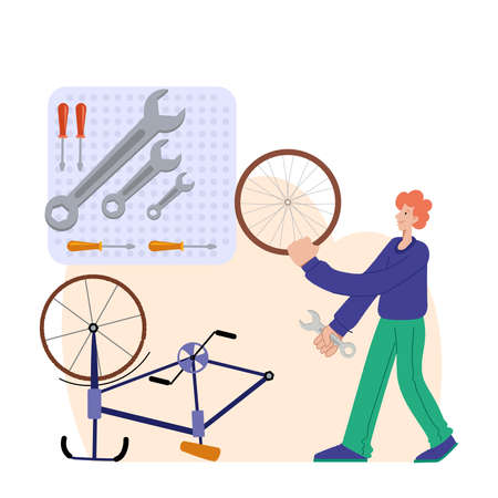 Bicycle repair. A man repairs a bicycle. The mechanic repairs the bicycle, the mechanic inflates the wheels. Web graphics, banners, advertisements, business templates.のイラスト素材
