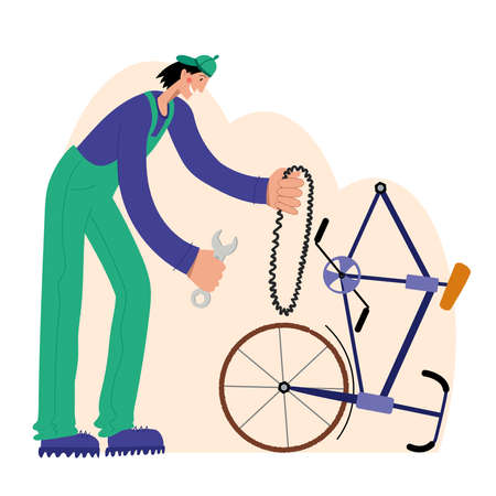 Bicycle repair. The mechanic repairs the bicycle. Web graphics, banners, advertisements, business templates.のイラスト素材