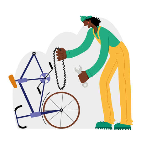 Bicycle repair. The Black mechanic repairs the bicycle. Web graphics, banners, advertisements, business templates.のイラスト素材