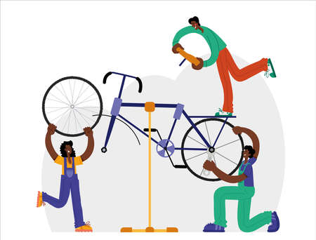 Bicycle repair. Black mechanics repair a bike through online repair. Web graphics, banners, advertisements, business templates.のイラスト素材