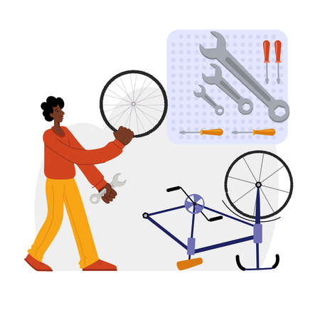 Bicycle repair. A black man repairs a bicycle. The mechanic repairs the bicycle, the mechanic inflates the wheels. Web graphics, banners, advertisements, business templates.のイラスト素材