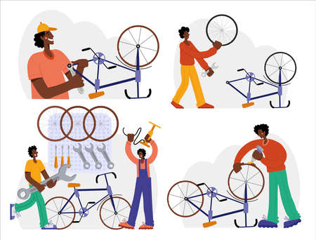 Bicycle repair. The mechanic repairs the bicycle, the mechanic inflates the wheels. Web graphics, banners, advertisements, business templates.のイラスト素材