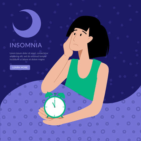 Insomnia. The woman cannot sleep. Female character suffers from insomnia. Sleep disorder, sleeplessness concept.のイラスト素材