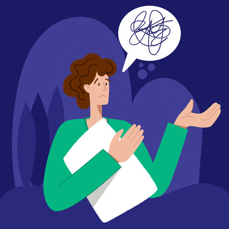 Insomnia. A man cannot sleep.. Male character suffers from insomnia. Sleep disorder, sleeplessness concept.のイラスト素材