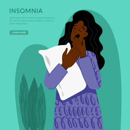 Insomnia. A black woman cannot sleep. Female character suffers from insomnia. Sleep disorder, sleeplessness concept.のイラスト素材