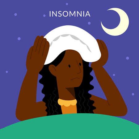 Insomnia. A black woman cannot sleep. Female character suffers from insomnia. Sleep disorder, sleeplessness concept.のイラスト素材