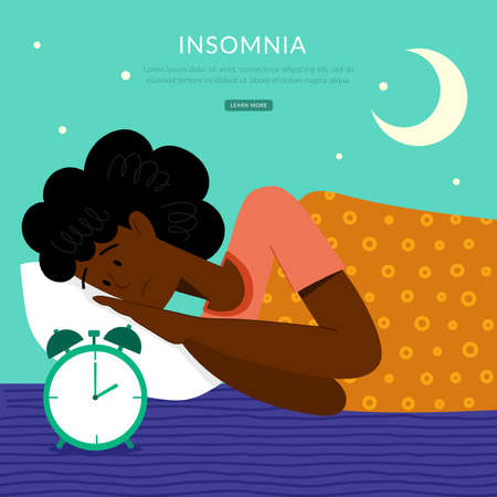 Insomnia. A black man cannot sleep.. Male character suffers from insomnia. Sleep disorder, sleeplessness concept.のイラスト素材