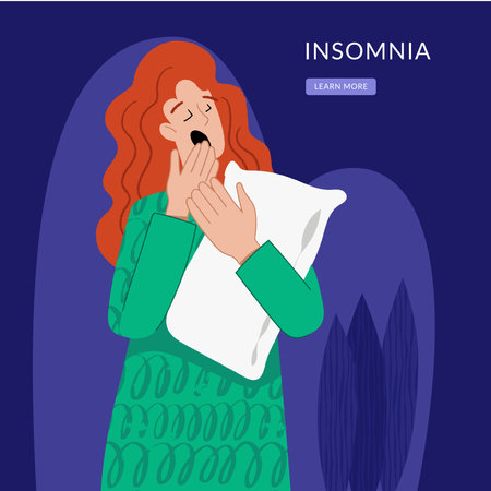 Insomnia. The woman cannot sleep. Female character suffers from insomnia. Sleep disorder, sleeplessness concept.のイラスト素材