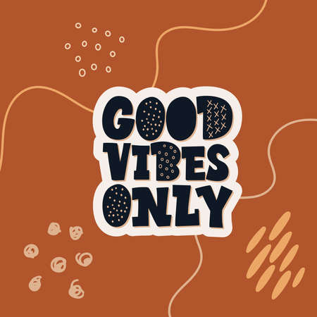Stylish lettering on a dark background. Good Vibes only and positive thoughts letterings. Text for postcard, invitation, T-shirt print design, banner, motivation poster.のイラスト素材