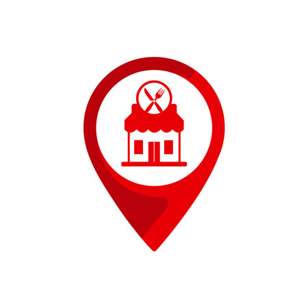 Restaurant icon. Vector illustration. Red map pointer with restaurant icon.のイラスト素材