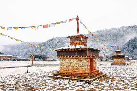 Winter landscape and tibetan monastery in Zhongdian,Yunan,China.の写真素材