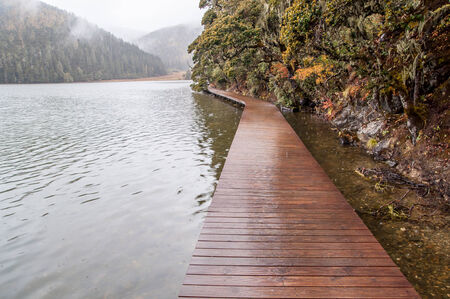wooden walkway in winter at Pudacuo(Potatso) national park  in the Shangri-La(Zhongdian), Yunnan, China.の写真素材
