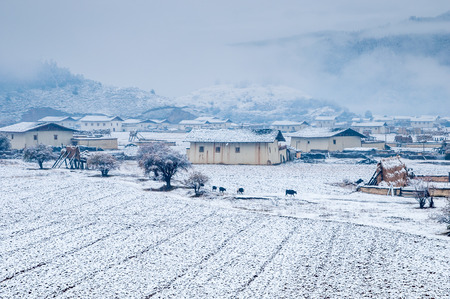 Winter landscape and village in Zhongdian,Yunan,China.の写真素材