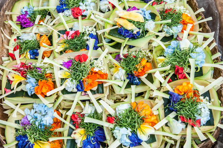 Offerings at sacred Bali, Indonesiaの写真素材