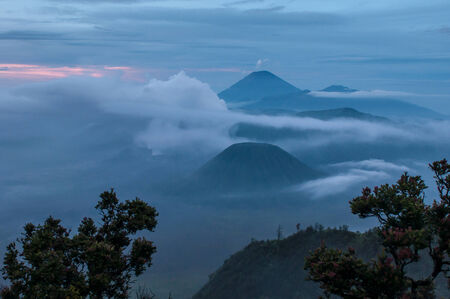 Foggy morning view of Bromo volcano at sunrise,, Java, Indonesiaの写真素材