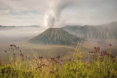 Foggy morning view of Bromo volcano at sunrise,, Java, Indonesia