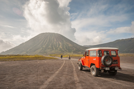 Java,Indonesia-Arpil 25,2010 : Tourists 4x4 Jeep for tourist rent at Mount Bromo,The active Mount Bromo is one of the most visited tourist attractions in East Java , Indonesia.のeditorial素材