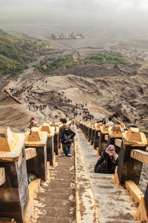 Java,Indonesia-Arpil 25,2010 : Tourists hiking to Mount Bromo,The active Mount Bromo is one of the most visited tourist attractions in East Java , Indonesia.のeditorial素材