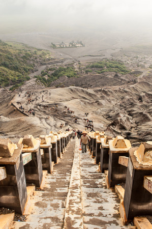 Java,Indonesia-Arpil 25,2010 : Tourists hiking to Mount Bromo,The active Mount Bromo is one of the most visited tourist attractions in East Java , Indonesia.のeditorial素材
