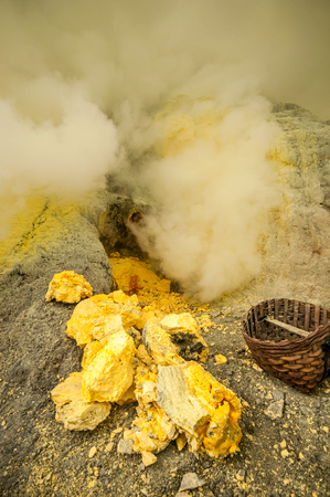 sulfur mining industry in Ijen volcano, Java,Indonesiaの写真素材