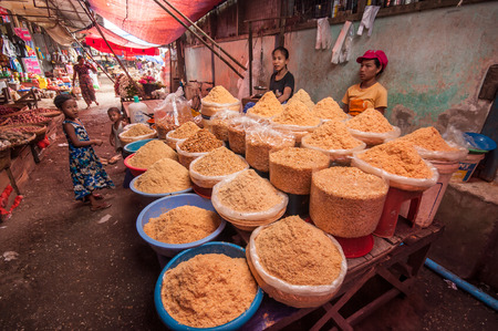 Thanlyin, Myanmar - March 14, 2011: The Myanmar vendor selling local dried shrimp at street market  in Thanlyin, Myanmar.のeditorial素材