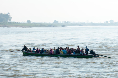 bagan,Myanmar-March 17,2011 : Unidentified Myanmar  transport boat transporting people across the Irrawaddi river in Bagan, Myanmar.のeditorial素材