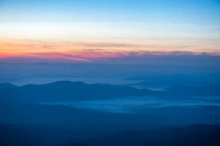 Landscape mountain Sunrise  with foggy at Kyaikhtiyo in Myanmarのeditorial素材