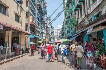 Yangon, Myanmar - March 24,2011: View of housing blocks in down toen the city of Yangon, Myanmar. Yangon is the biggest city in Myanmar with population over 4 million people.のeditorial素材