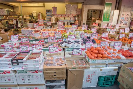 Tokyo, Tsukiji Japan -November 21, 2015 -  Tsukiji market is a large market for fish, fruits and vegetables in Tokyo, Japan.Tsukiji Market which is the biggest wholesale fish market in the world.のeditorial素材