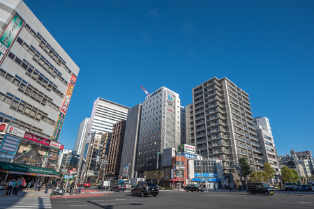 Tokyo, Tsukiji Japan -November 21, 2015 - View of a street in front of Tsukiji fish market in Tsukiji,Tokyo,Japan. It is the biggest fish market in the world.のeditorial素材