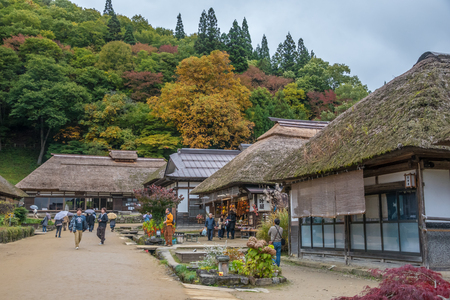 Fukushima,Japan - October 21,2017 : Thatched roof house of Ouchijuku village is a fomer post town along the Aizu-Nishi Kaido trade route, which connected Aizu with Nikko during the Edo period in ,fukushima,Japan.のeditorial素材