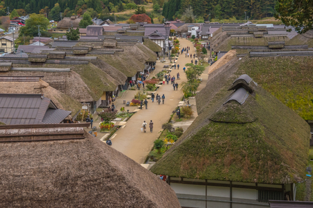Fukushima,Japan - October 21,2017 : Thatched roof house of Ouchijuku village is a fomer post town along the Aizu-Nishi Kaido trade route, which connected Aizu with Nikko during the Edo period in ,fukushima,Japan.のeditorial素材