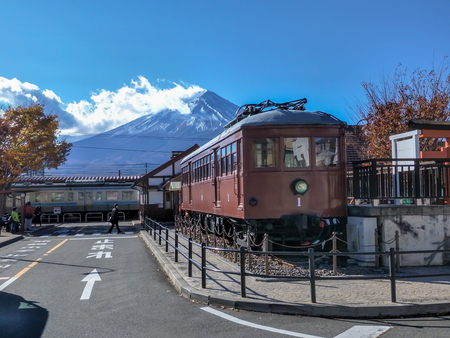 Kawaguchiko, Japan : November 16, 2017 : Carnegie Model 1897 train display at Kawaguchiko station Japan is a railway station on the Fujikyuko Line to lake Kawaguchiko, Japan.のeditorial素材