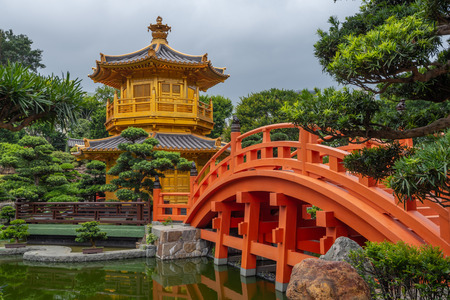 Golden Pavilion In Nan Lian Garden near Chi Lin Nunnery Temple At Hong Kongの写真素材