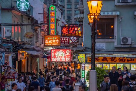 Macau,China - May 5,2018 : The famous food street at Rua do Cunha with traditional Europe Style...