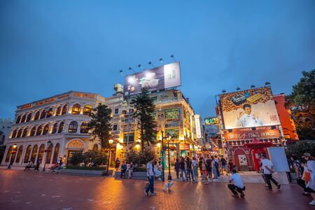 Macau,China - May 5,2018 : The famous food street at Rua do Cunha with traditional Europe Style house at Taipa Village Macau.のeditorial素材