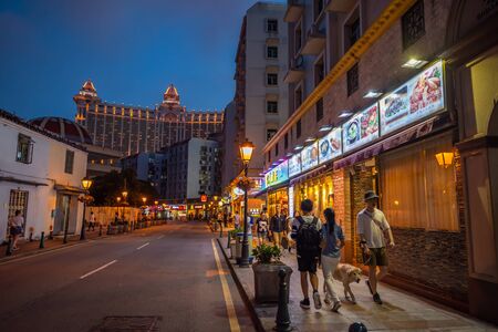 Macau,China - May 5,2018 : The famous food street at Rua do Cunha with traditional Europe Style...
