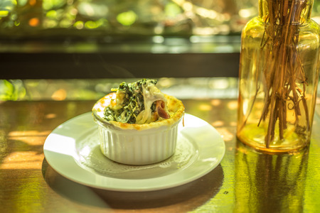 Spinach Lasagne in white on the tableの写真素材