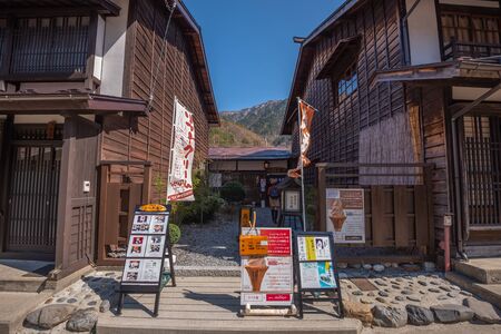 Nagano, Japan - April 20, 2019 : Unidentified people visit Narai Post town (Narai-Juku) Japan Old wooden house and narrow street in Kiso Valley of Nagano ,Japan.のeditorial素材