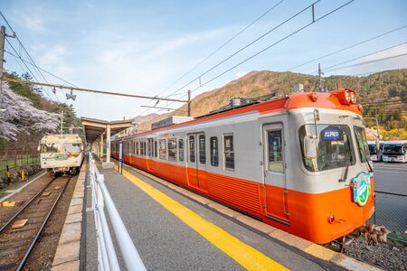 Matsumoto, Nagano, Japan - April 21, 2019 : View of Highland train at Shinshimashima Station is a railway/bus station in Matsumoto, Nagano, Japan, operated by  company Alpico Kotsu.のeditorial素材