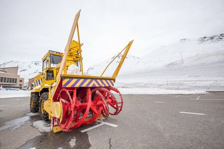 Tateyama, Japan - April 21, 2019 : Kuma Taro snow plow truck on car parking after finished work, Heavy machines clearing the road from snow at Murodo station on the Tateyama Kurobe Alpine Route.のeditorial素材