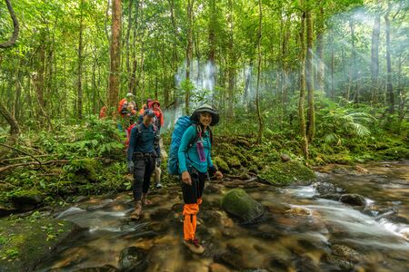 Phatthalung, Thailand-December 30, 2019: The trekkers camping  in green forest river stream in jungle of Phatthalung, Thailand.のeditorial素材