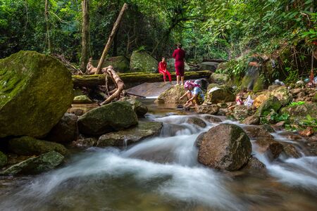Phatthalung, Thailand-December  29, 2019: The trekkers camping  in green forest river stream in...