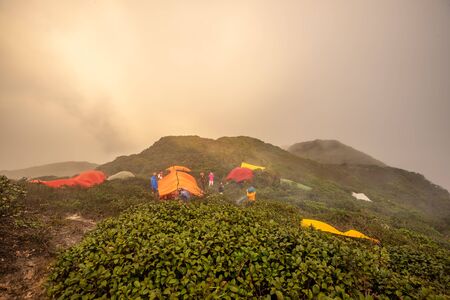 Phatthalung, Thailand-December  30, 2019: The trekkers camping  on the mountains in jungle of Phatthalung, Thailand.のeditorial素材